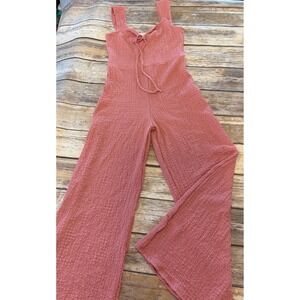 See You Monday Pink Textured M Tie Front Wide Leg Jumpsuit Girly Preppy Coquette